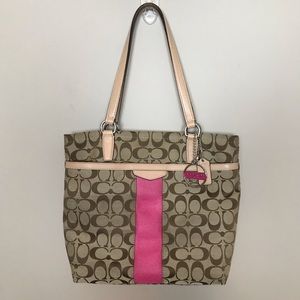 Coach Signature Stripe Tote Khaki/Pink F28504